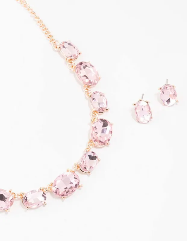 Rose Gold Pink Stone Necklace & Earring Set sold by lovisa