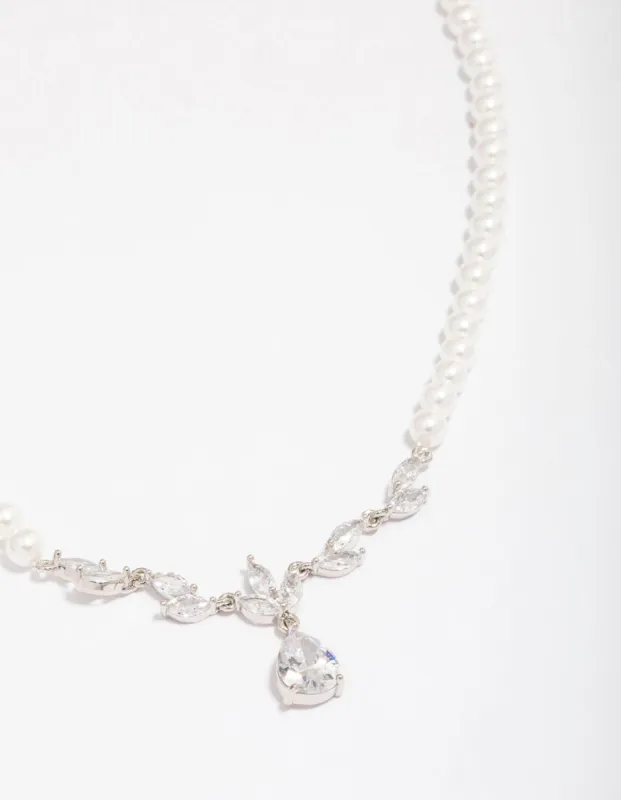 Silver Plated Pearl Strand Cubic Zirconia Vine Necklace sold by lovisa