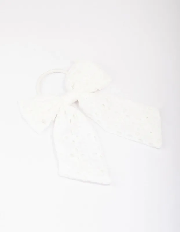 White Embroidered Bow Hair Scrunchie sold by lovisa