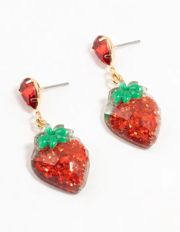 Red Acrylic Diamante Strawberry Drop Earrings sold by lovisa