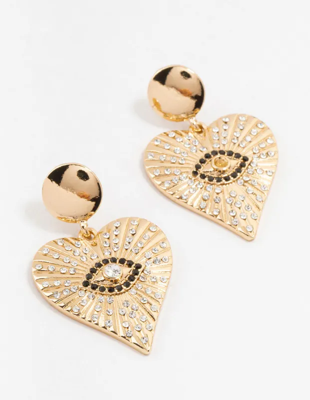 Gold & Black Etched Evil Eye Heart Drop Earrings sold by lovisa