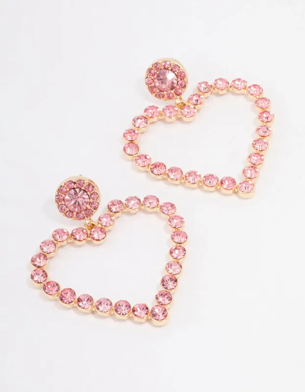 Gold Pink Diamante Luxe Heart Drop Earrings sold by lovisa