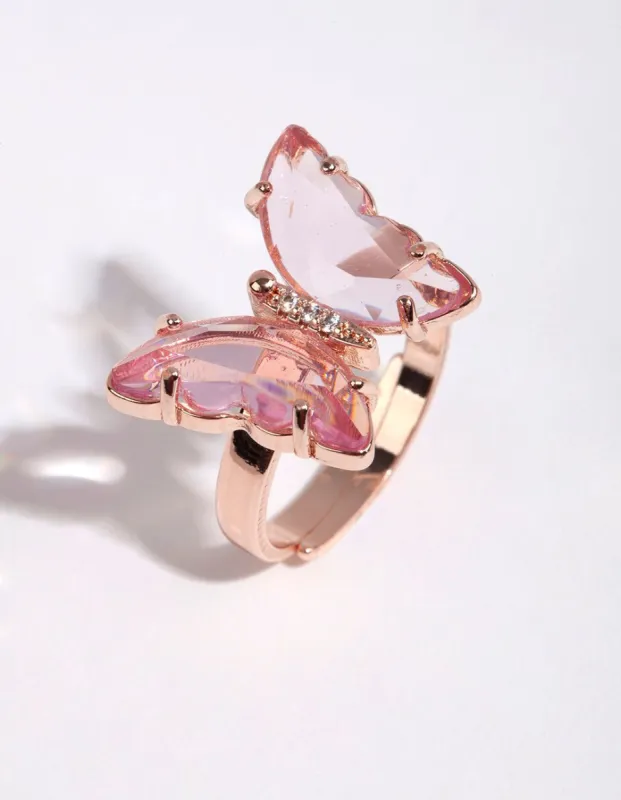 Rose Gold Pink Glass Butterfly Ring sold by lovisa
