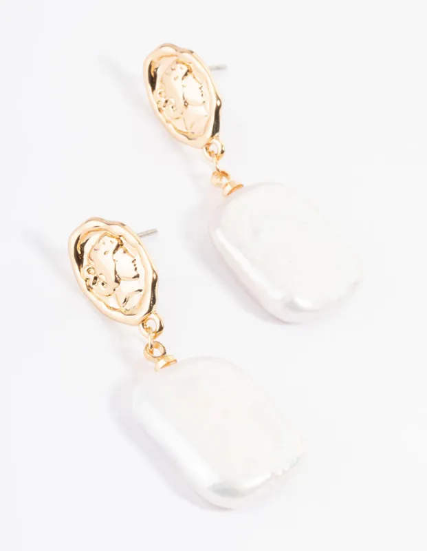 Gold Plated Oval Coin & Freshwater Pearl Drop Earrings sold by lovisa