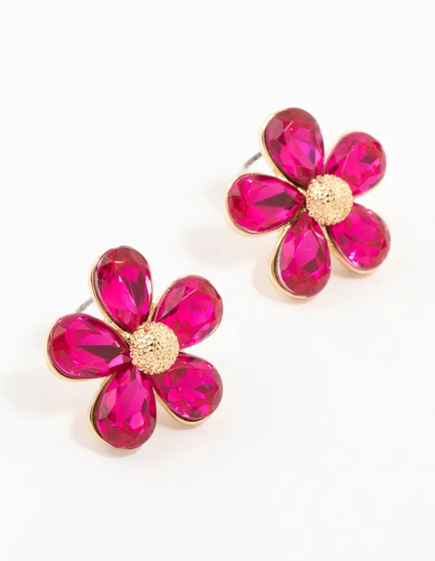 Hot Pink Gold Stapled Diamante Flower Stud Earrings sold by lovisa