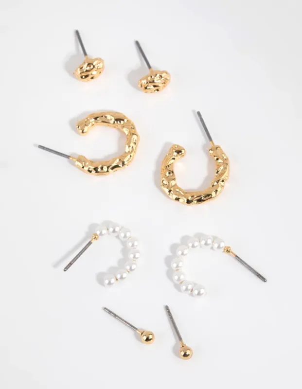 Gold Plated Pearl & Molten Earring Pack sold by lovisa