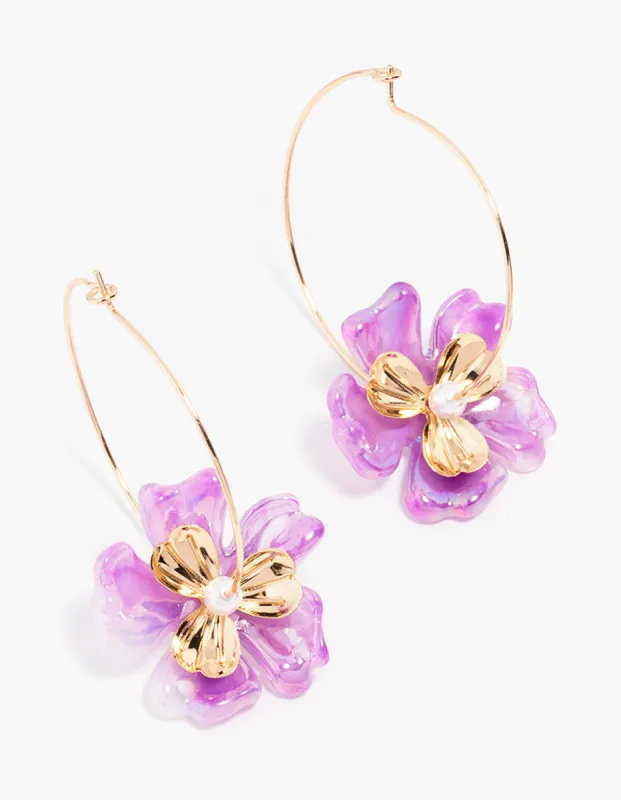 Gold Acrylic Pink Pearl Flower Hoop Earring sold by lovisa