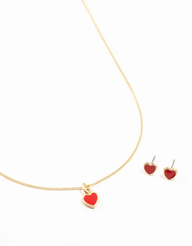 Red Enamel Heart Gold Necklace & Earrings Set sold by lovisa