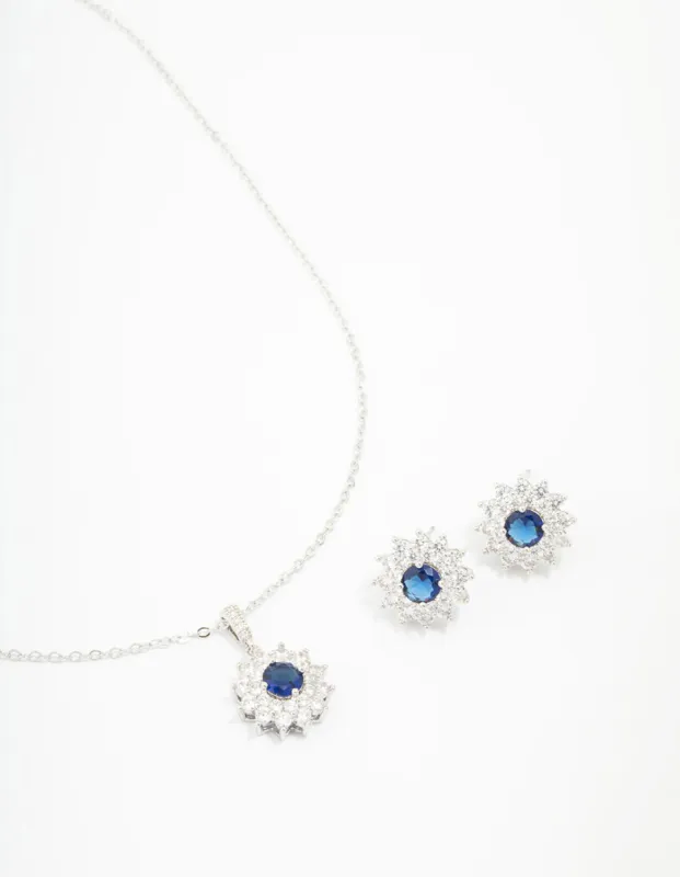 Rhodium Cubic Zirconia Daisy Sapphire Jewellery Set sold by lovisa