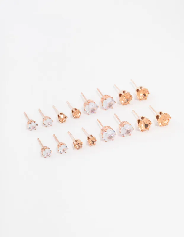 Rose Gold Basic Diamante Stud Earrings 8-Pack sold by lovisa