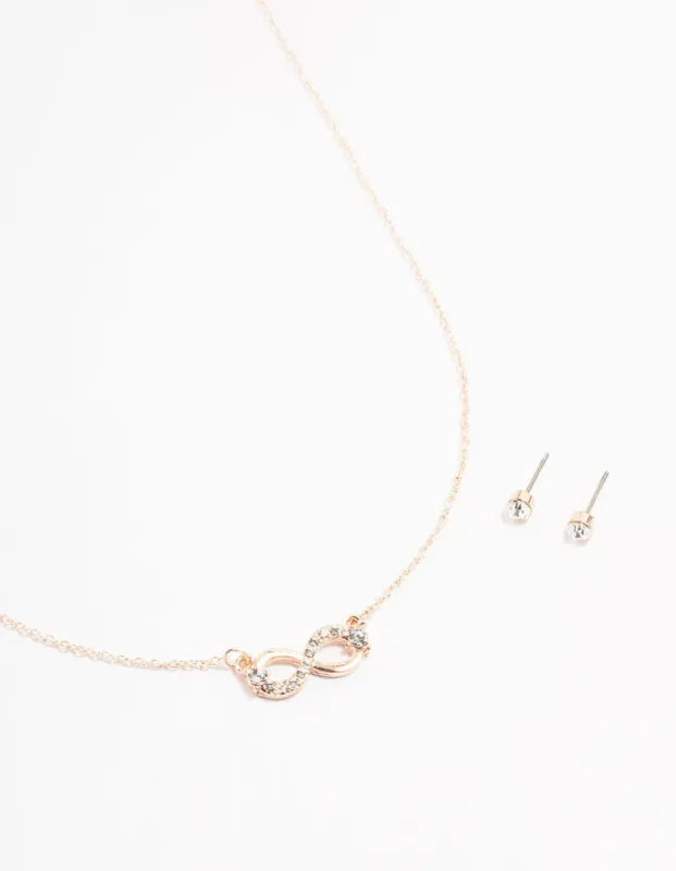 Rose Gold Infinity Necklace & Stud Earrings sold by lovisa