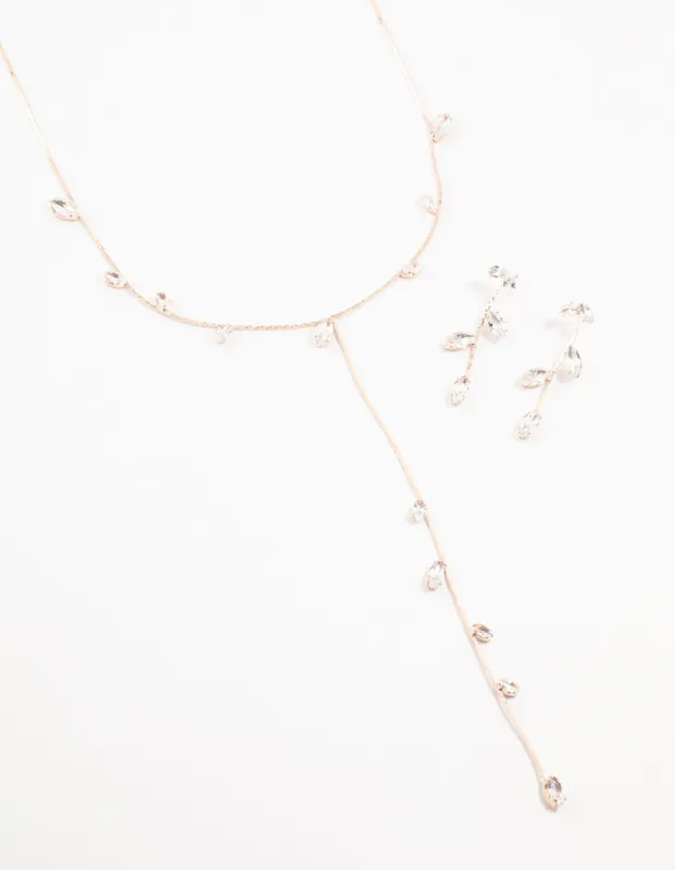 Rose Gold Leaves & Flowers Earrings & Y-Necklace Set sold by lovisa