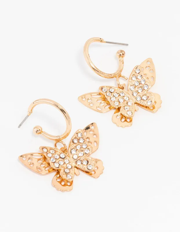 Gold Diamante Butterfly Hoop Drop Earrings sold by lovisa