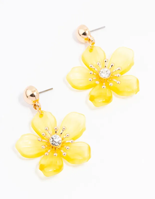 Yellow Gold Diamante Stapled Flower Drop Earrings sold by lovisa