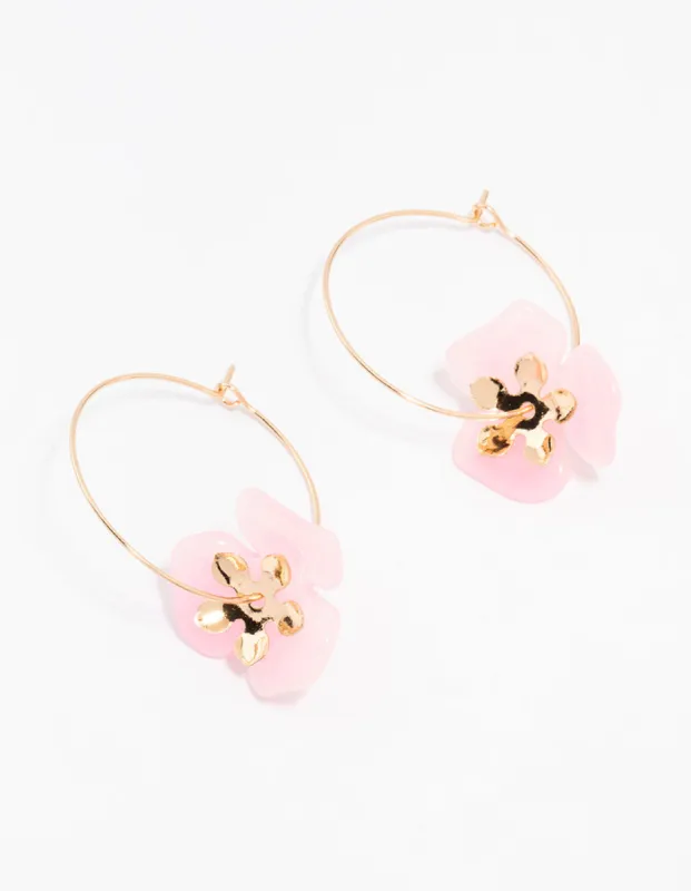 Gold Large Pink Flower Wire Hoop Earrings sold by lovisa