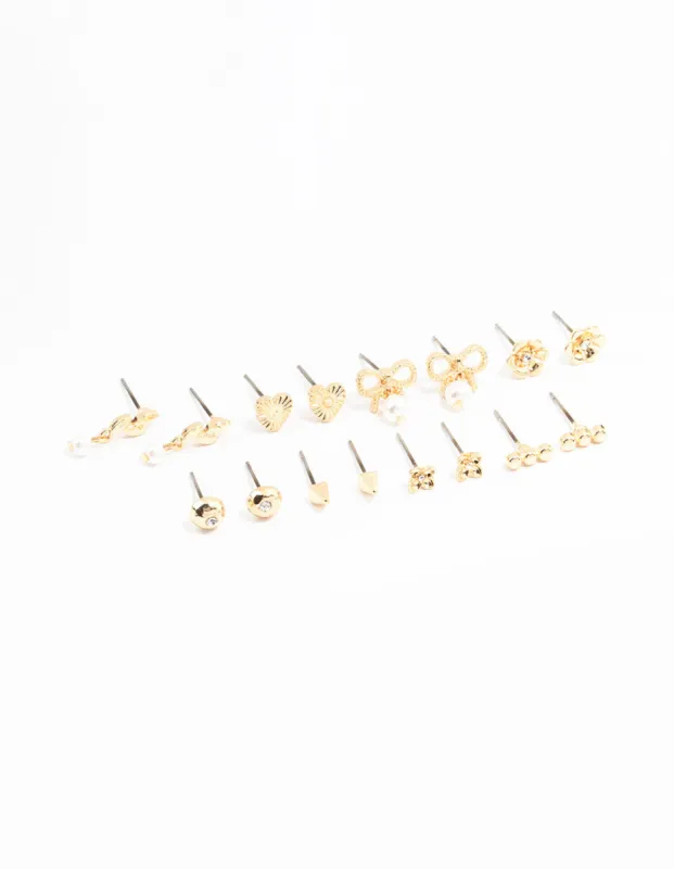 Gold Bow & Pearl Stud Earrings 8-Pack sold by lovisa