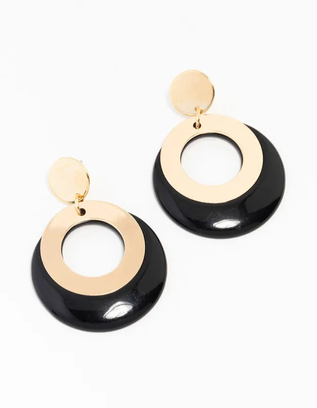 Black Gold Acrylic Disc and Drop Earrings sold by lovisa