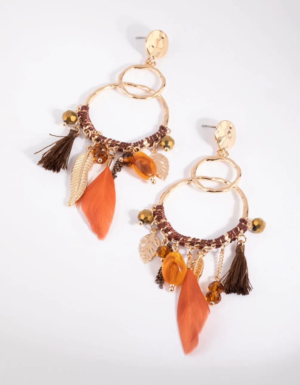 Brown Bead & Feather Drop Earrings sold by lovisa