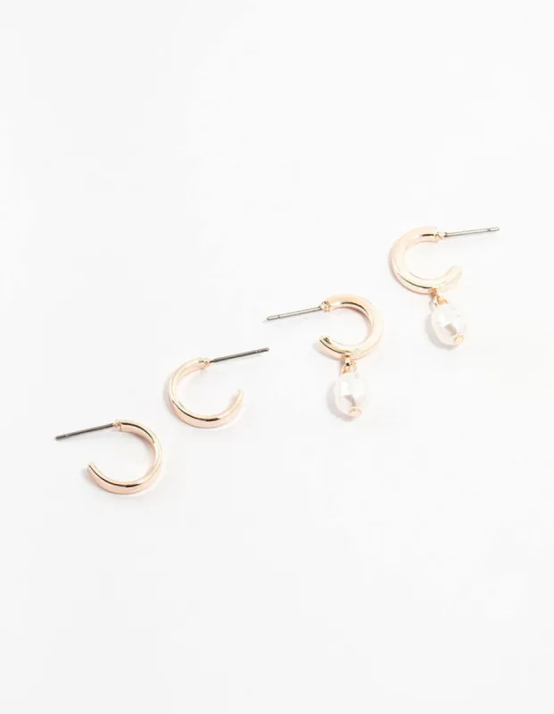 Simple Pearl Rose Gold Huggie Earrings 2-Pack sold by lovisa