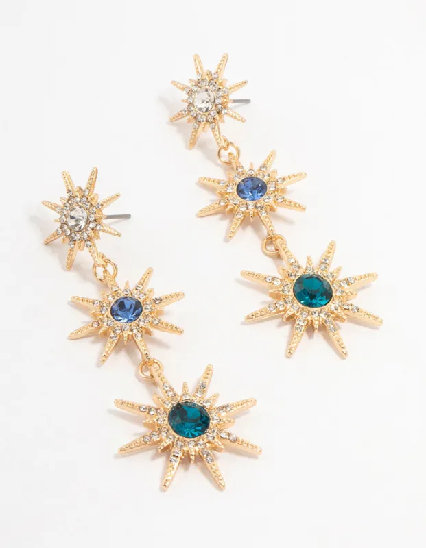 Gold Blue & Silver Cluster Stone Set Star Drop Earrings sold by lovisa