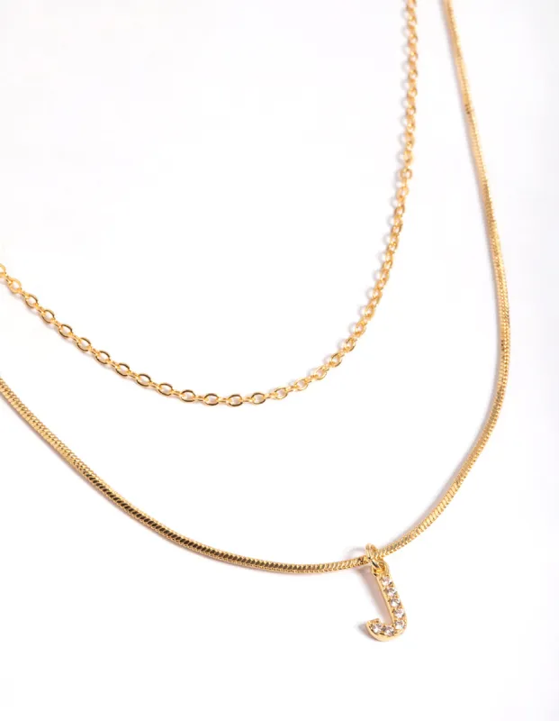 Letter J Gold Plated Layered Diamante Initial Necklace sold by lovisa