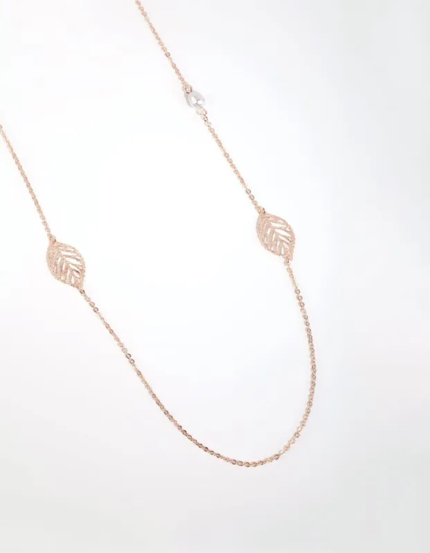 Rose Gold Leaf & Pearl Long Necklace sold by lovisa