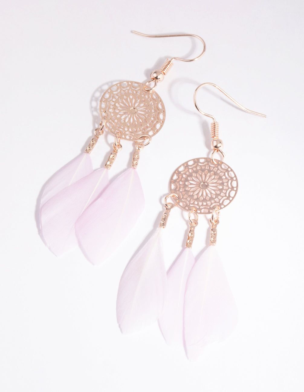 Rose Gold Lilac Feather Earrings sold by lovisa
