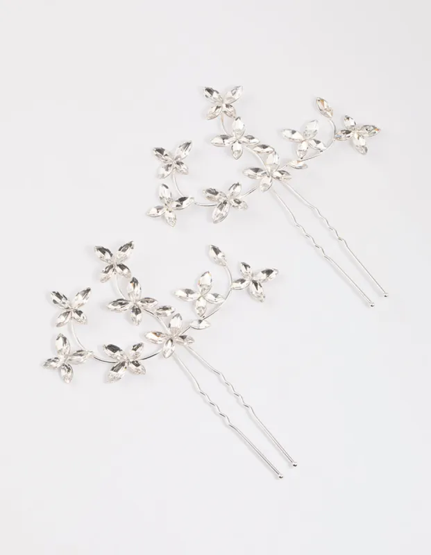 Silver Flower Leaf Diamante Hair Pin Pack sold by lovisa