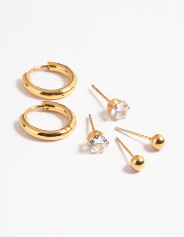 Waterproof Gold Plated Stainless Steel Cubic Zirconia Stud & Huggie Earring Pack sold by lovisa