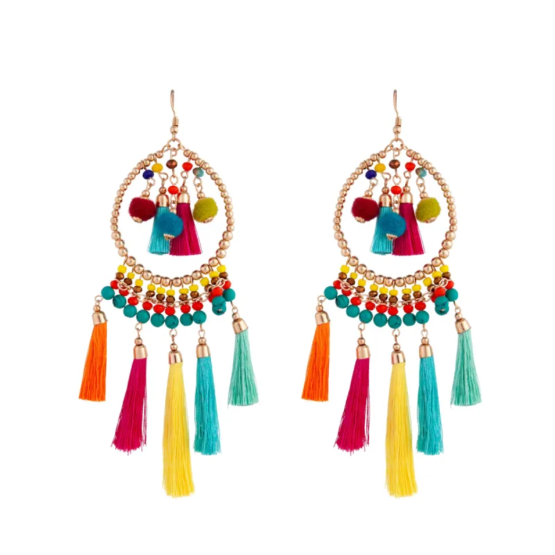 Mixed Brights Beaded Hoop With Pom Pom & Tassel Accents sold by lovisa
