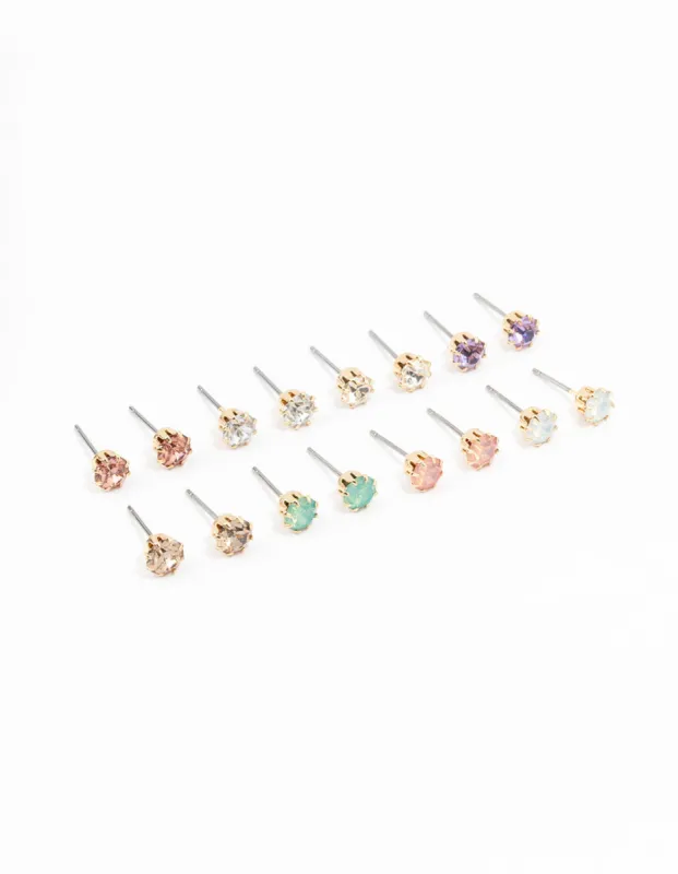 Gold Pastel Diamante Stud Earrings 8-Pack sold by lovisa
