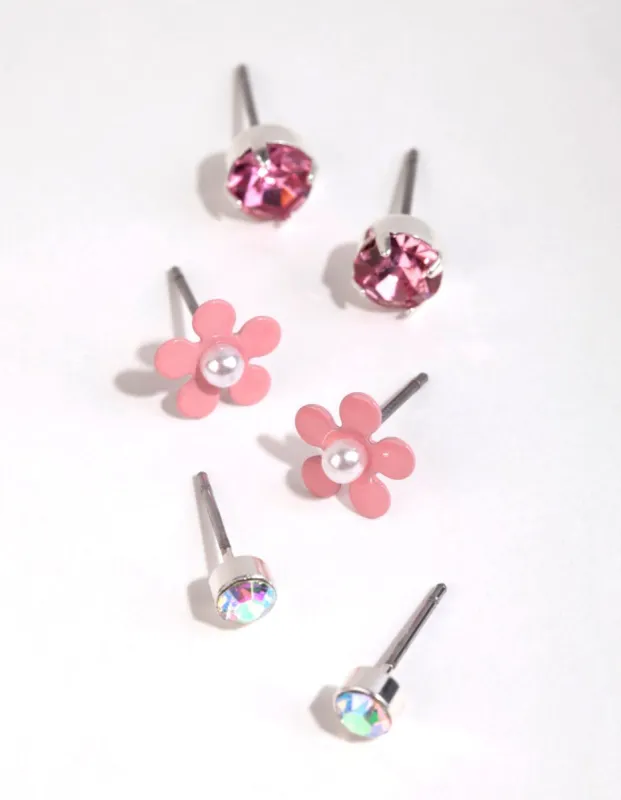 Silver Diamante & Flower Stud Earring Pack sold by lovisa