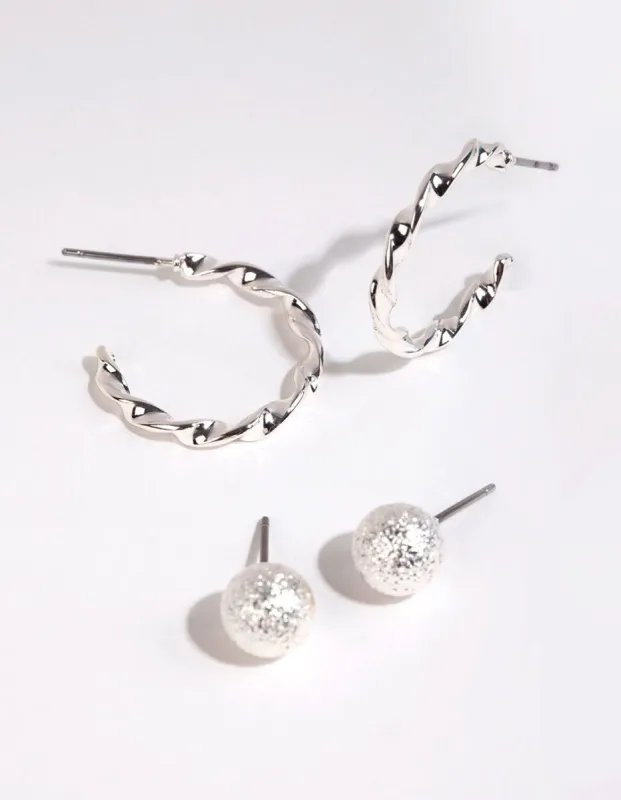 Silver Stud & Twisted Hoop Earring Set sold by lovisa