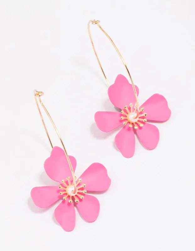 Pink Wire Flower Hoop Earrings sold by lovisa