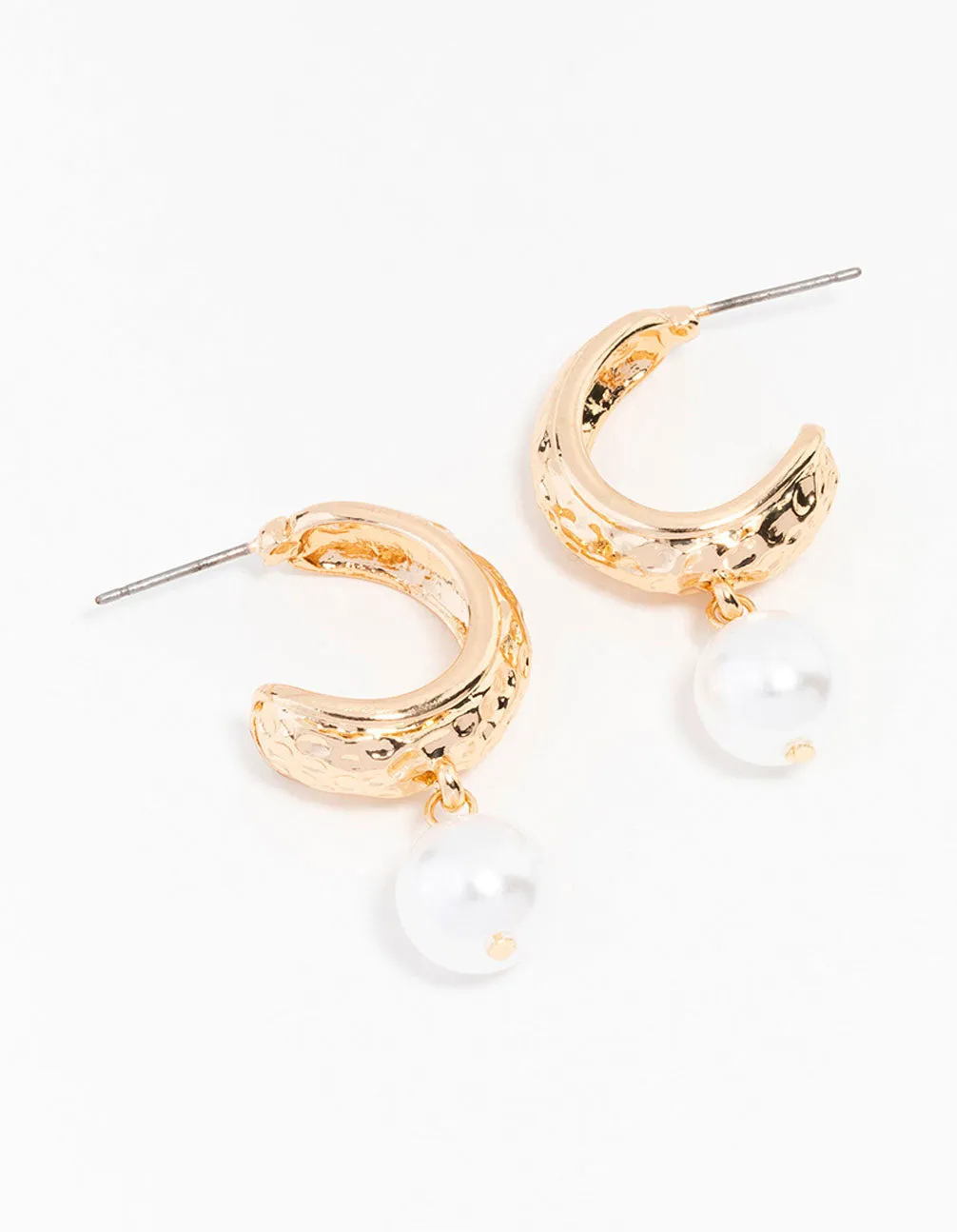 Gold Hammered Pearl Drop Hoop Earrings sold by lovisa