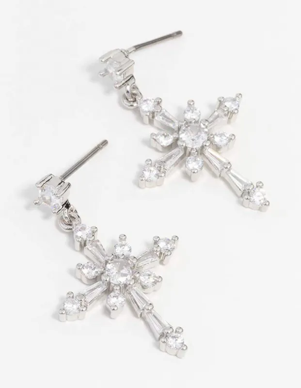 Silver Cubic Zirconia Cross Drop Earrings sold by lovisa