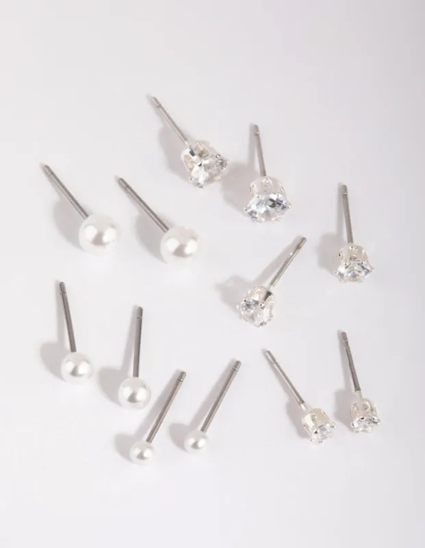Silver Cubic Zirconia & Pearl Stud Earring 6-Pack sold by lovisa