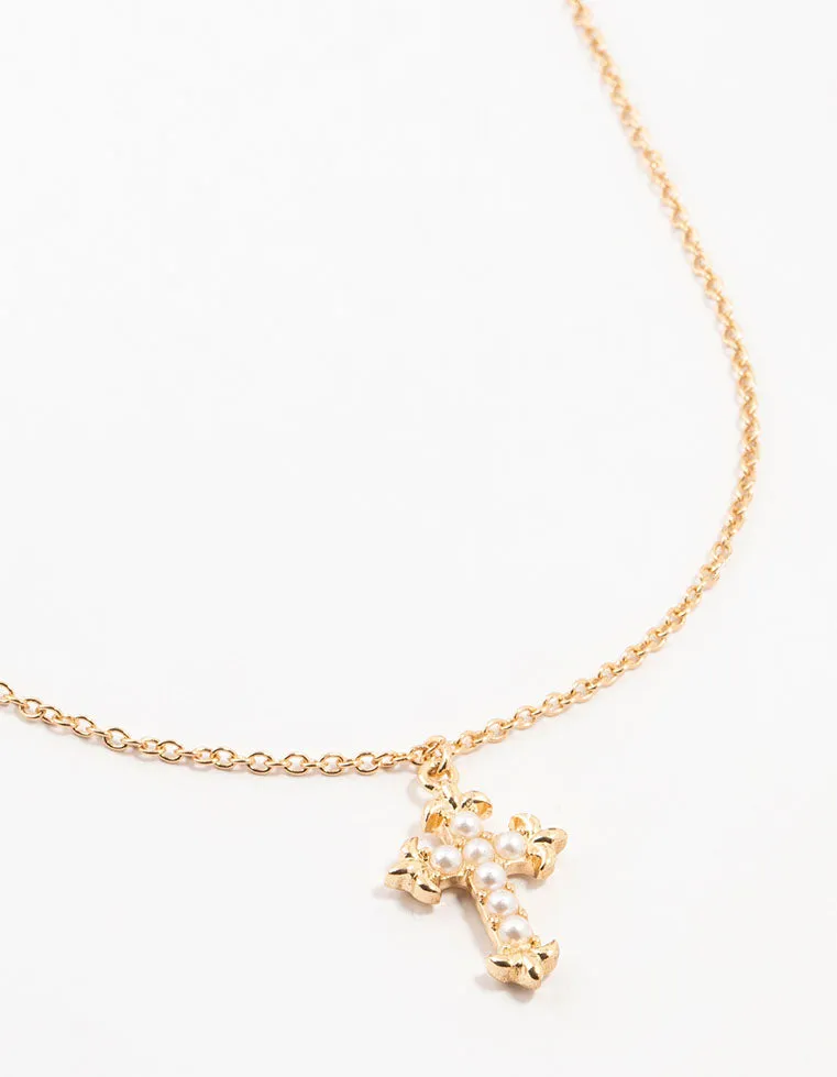 Gold Pearl Cross Necklace sold by lovisa