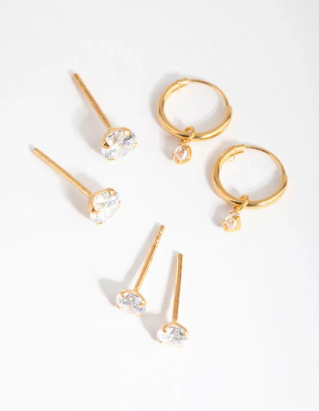 Gold Plated Sterling Silver Cubic Zirconia Stud & Hoop Pack Earring sold by lovisa