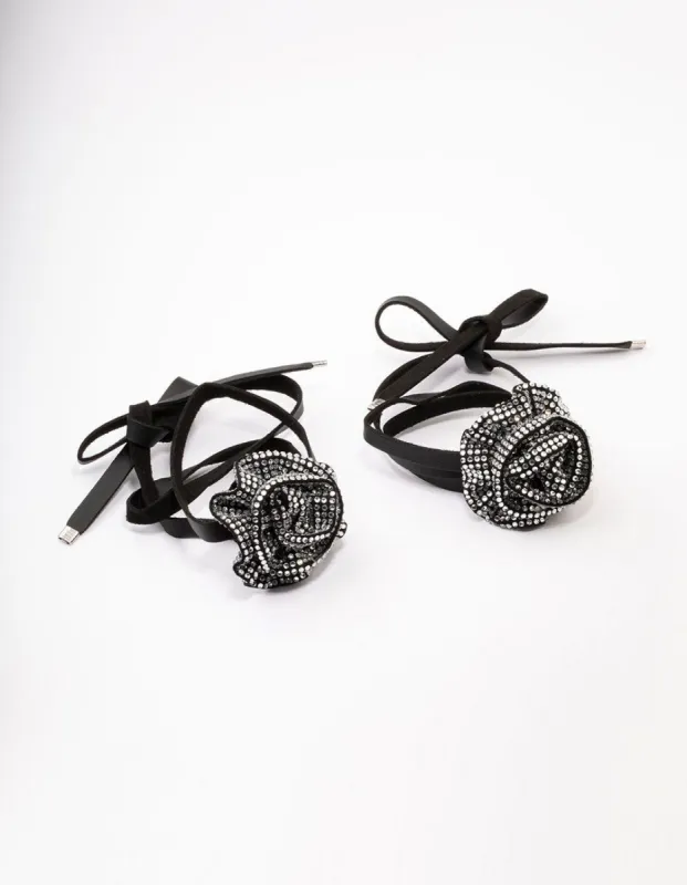 Black Fabric Rose Diamante Choker, Bracelet or Anklet Set sold by lovisa