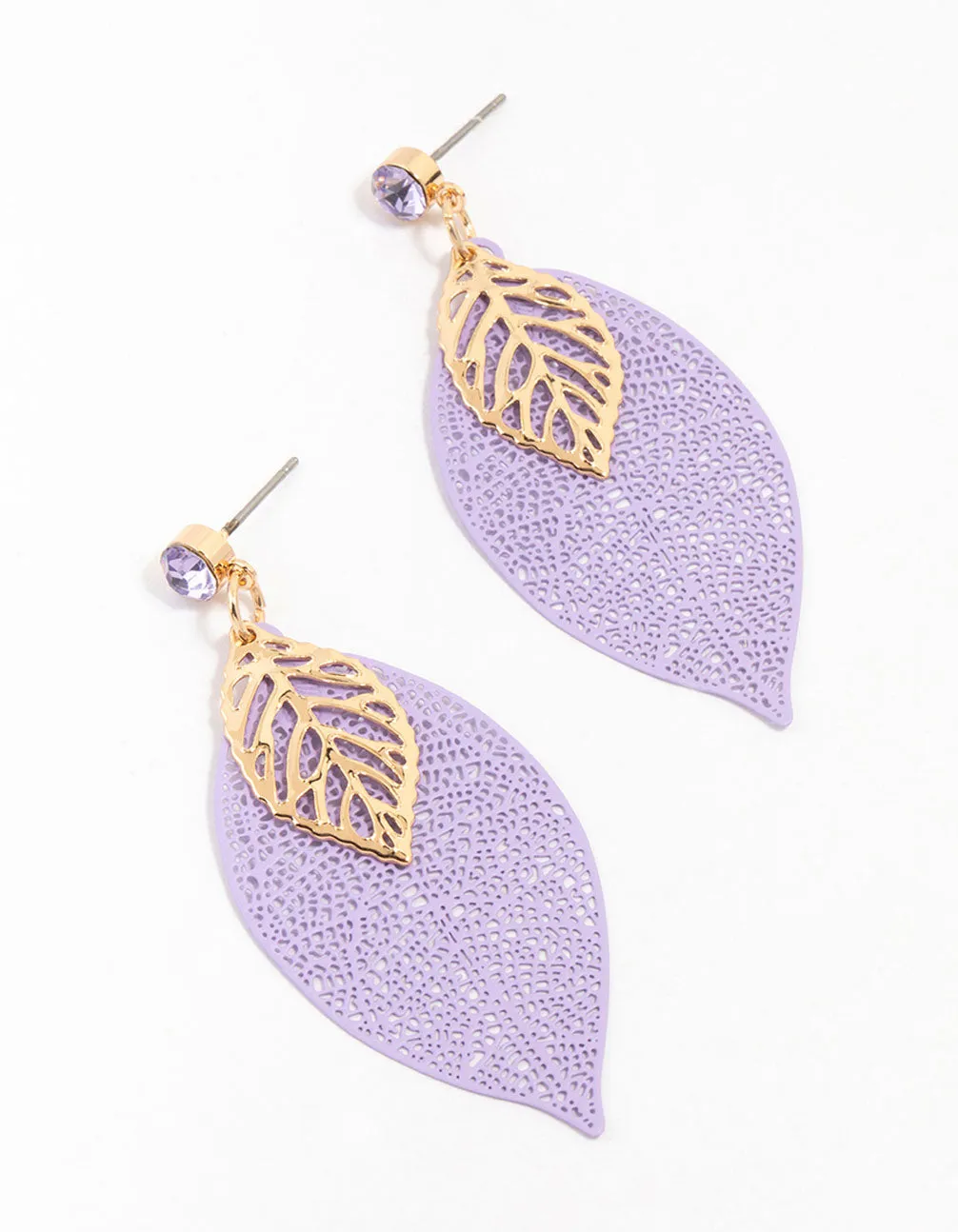 Gold Purple Diamante Filigree Leaf Drop Earrings sold by lovisa