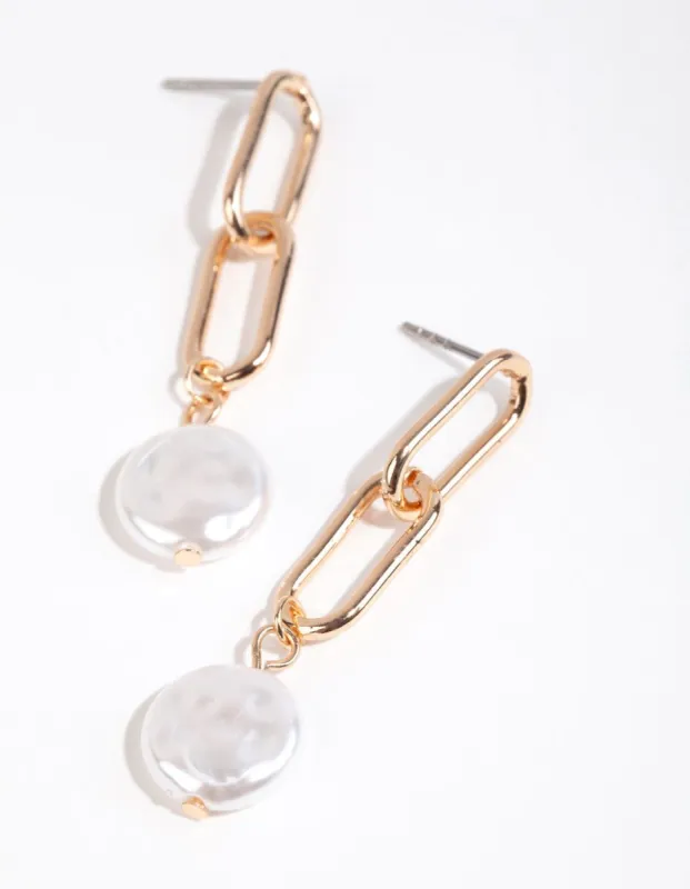 Gold Link & Flat Pearl Drop Earrings sold by lovisa