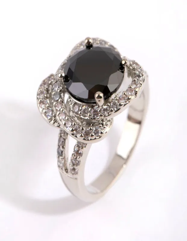 Rhodium Black Cubic Zirconia Flower Ring sold by lovisa