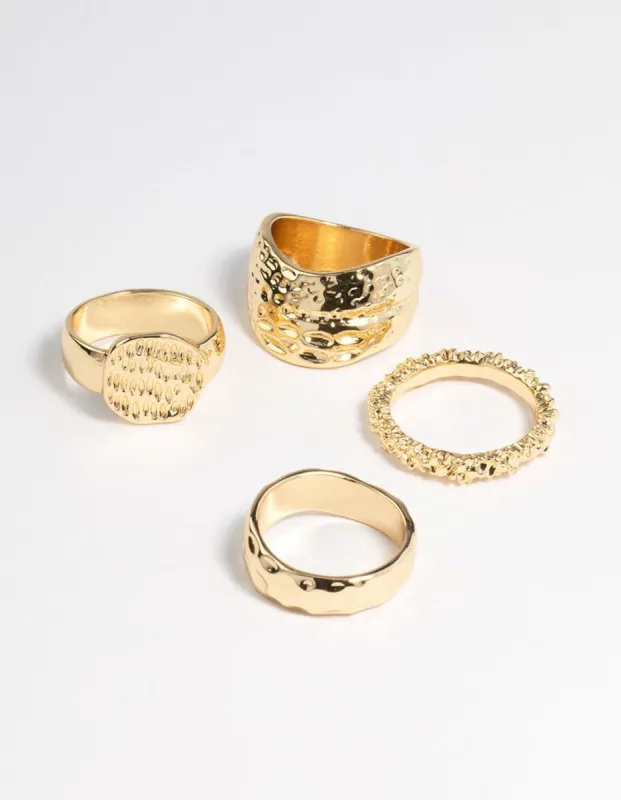 Gold Brass Hammered Molten Ring 4-Pack sold by lovisa