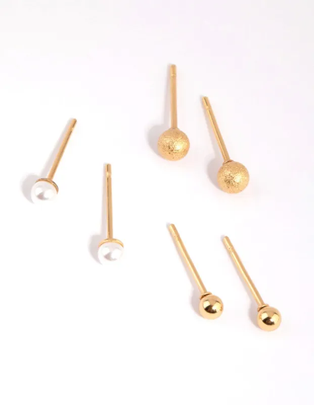 Gold Plated Surgical Steel Textured Ball Stud Earring Pack sold by lovisa