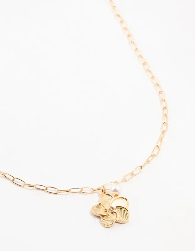 Gold Paperclip Flower Pearl Necklace sold by lovisa