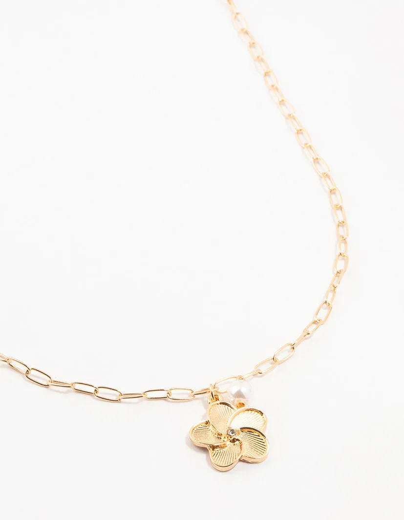 Gold Paperclip Flower Pearl Necklace sold by lovisa