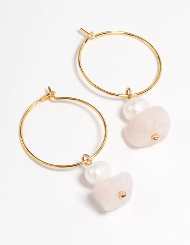 Gold Plated Rose Quartz Freshwater Pearl Wire Hoop Earrings sold by lovisa