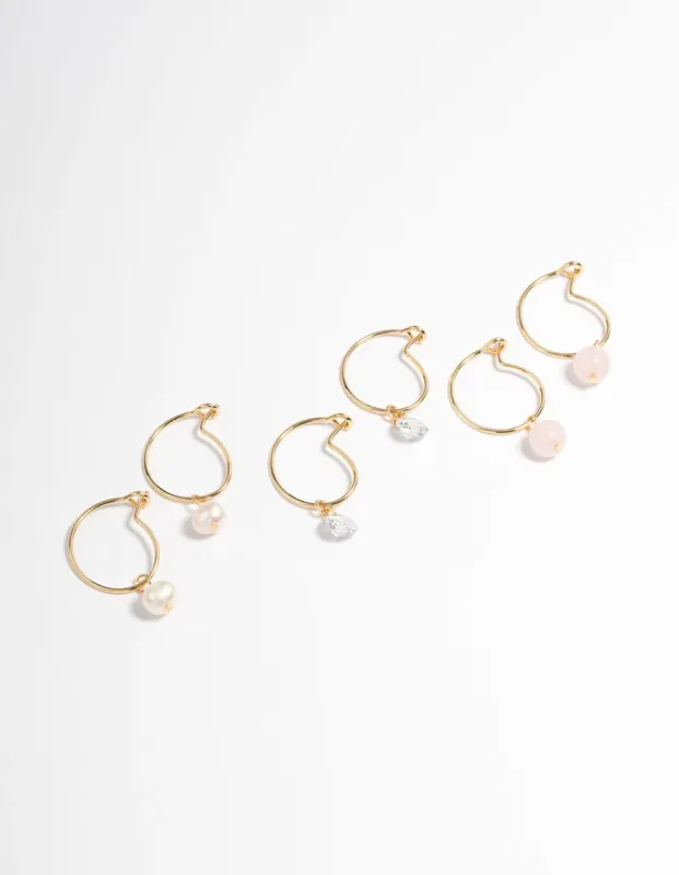 Gold Plated Rose Quartz Freshwater Pearl Hoop Stack Earrings sold by lovisa
