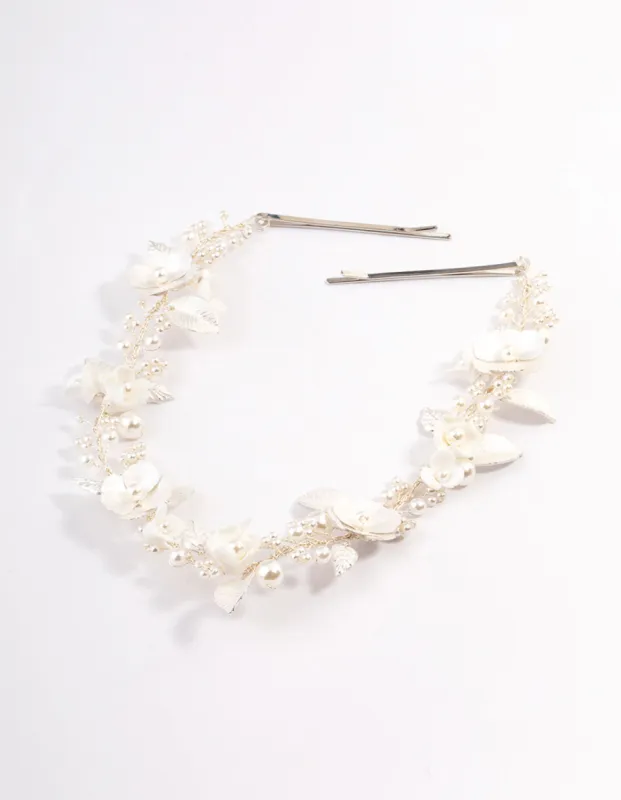 Silver Pearl Floral Hair Drape sold by lovisa